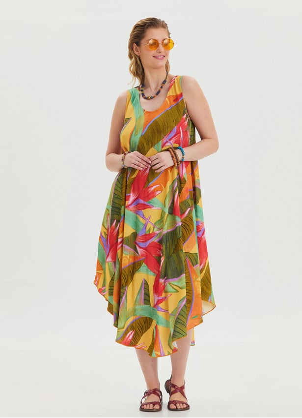 Boat Neck Loose Cut Yellow Authentic Dress 4666
